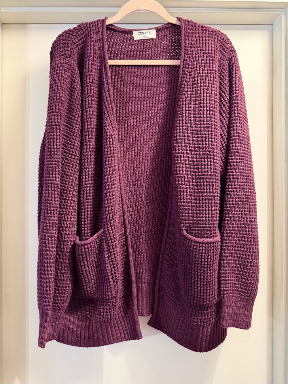 Zenana Outfitters Open-Front Waffle Knit Cardigan - Plum 1X
